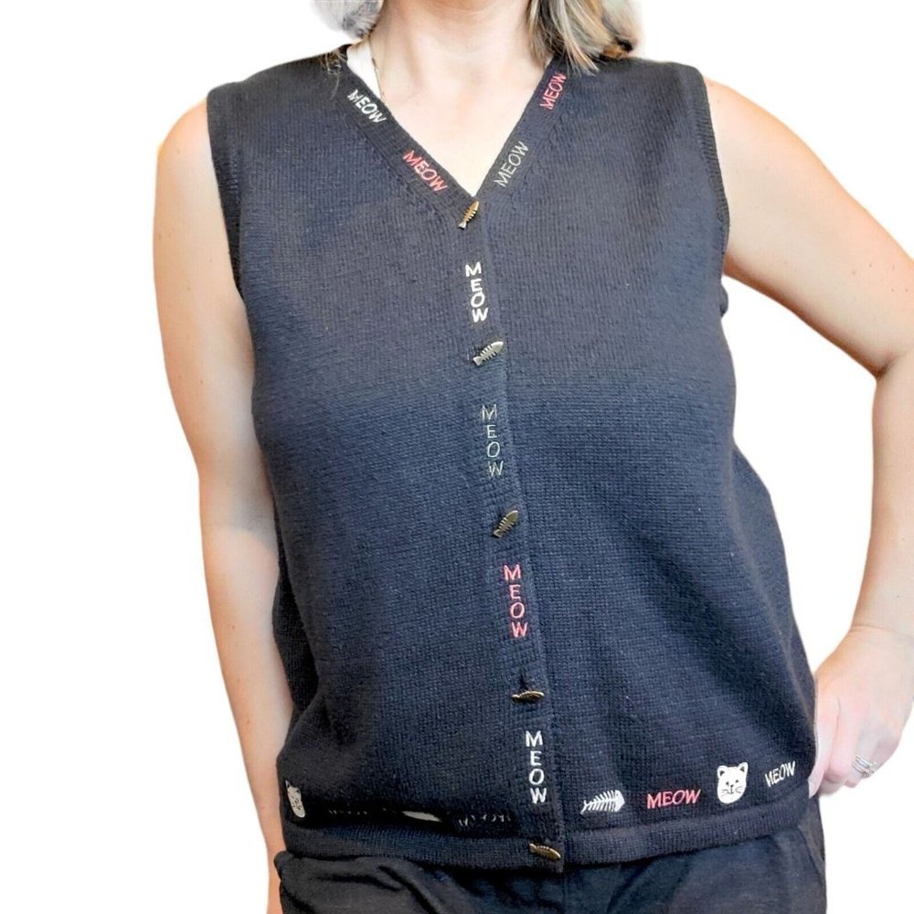 Y2K Black Kitty Cat‎ Novelty Sweater Vest Medium Ornate Buttons Ramie Cotton